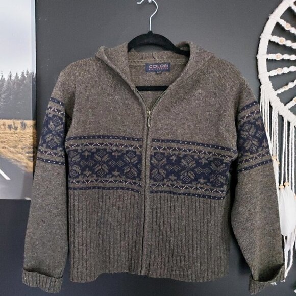 VINTAGE 100% WOOL KAKI & NAVY Zipper Hoodie Knit - Picture 4 of 8